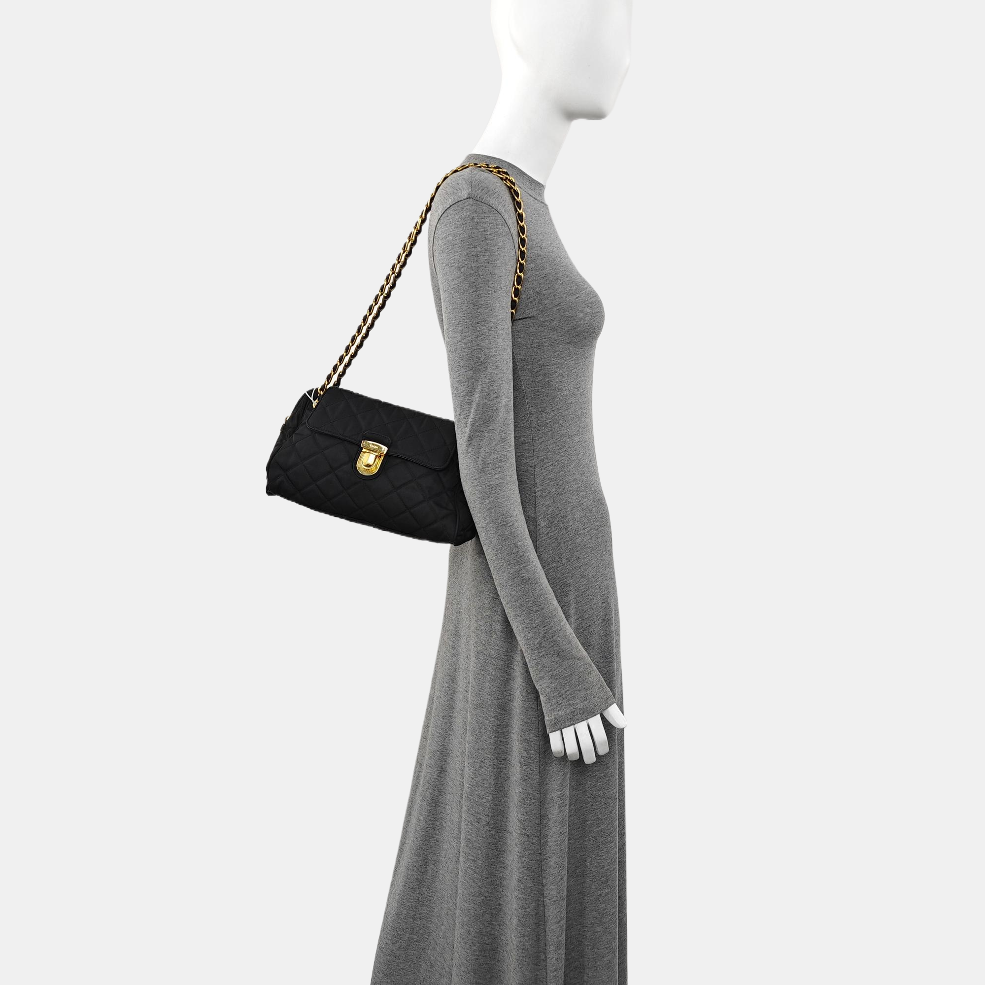 Quilted Nylon Shoulder Bag Black