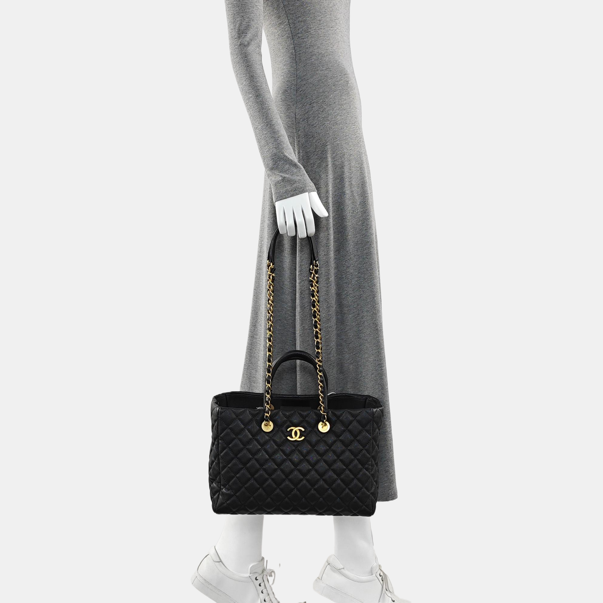 Quilted Grained Calfskin Tote Bag Black