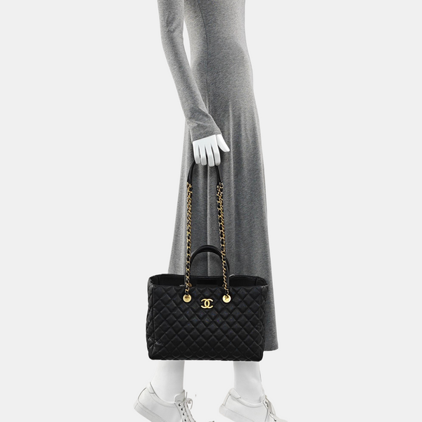 Quilted Grained Calfskin Tote Bag Black
