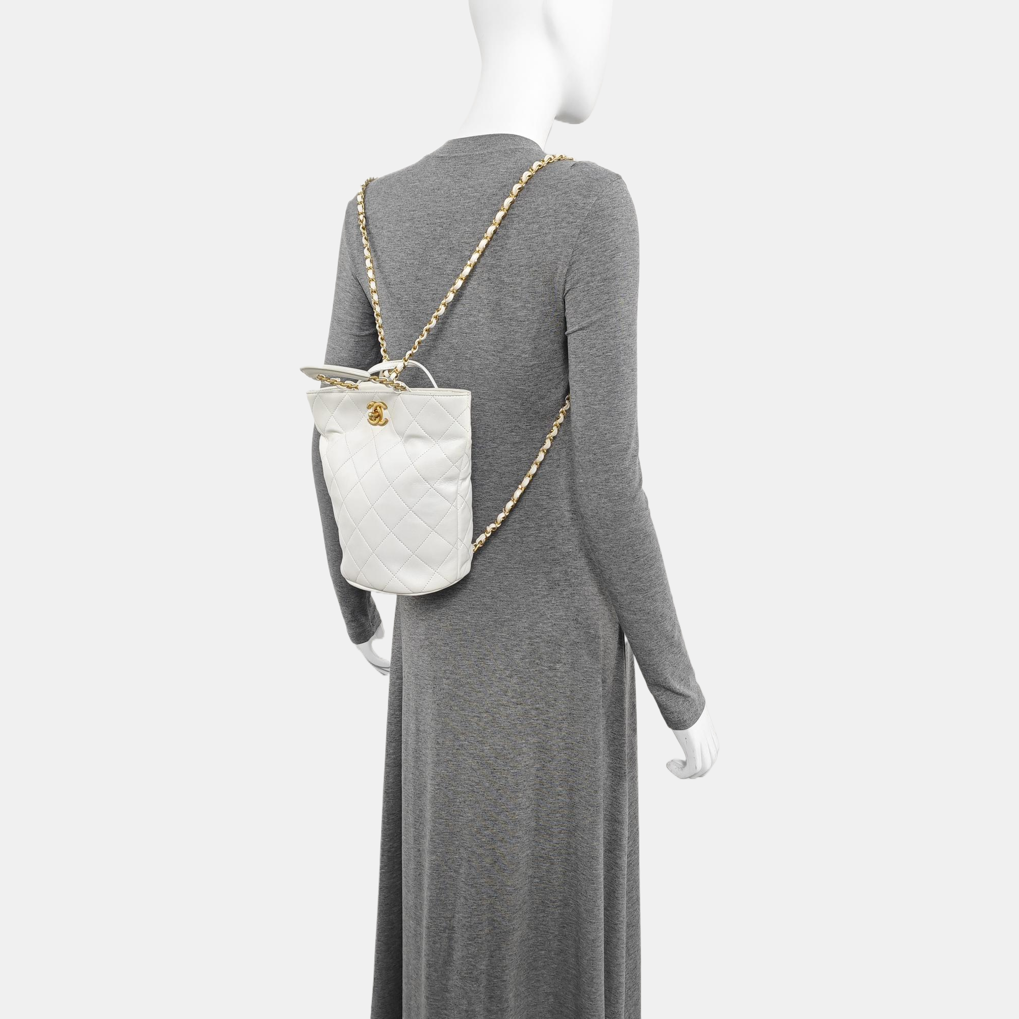Quilted Lambskin Bucket Bag White