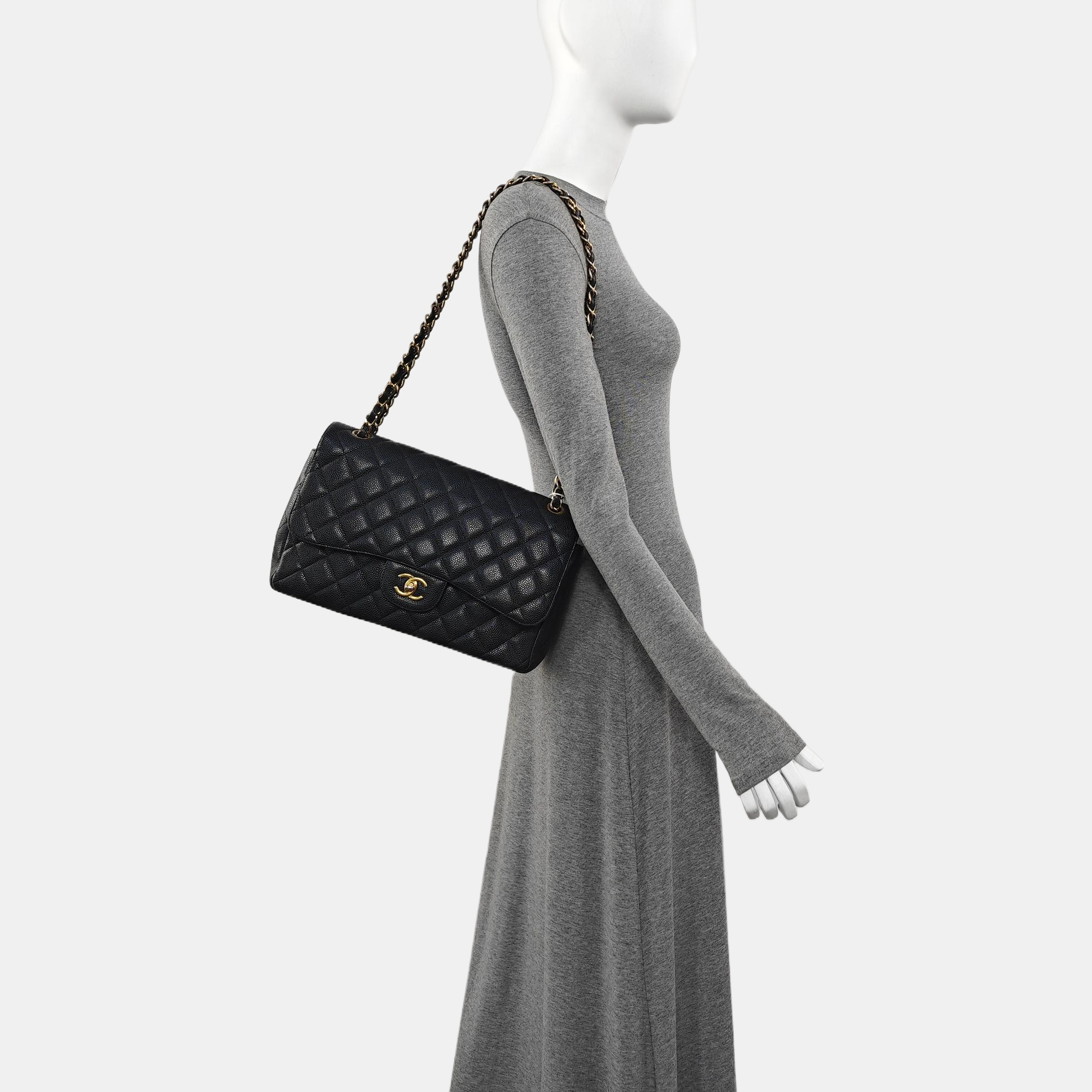 Quilted Grained Calfskin Shoulder Bag Large Black