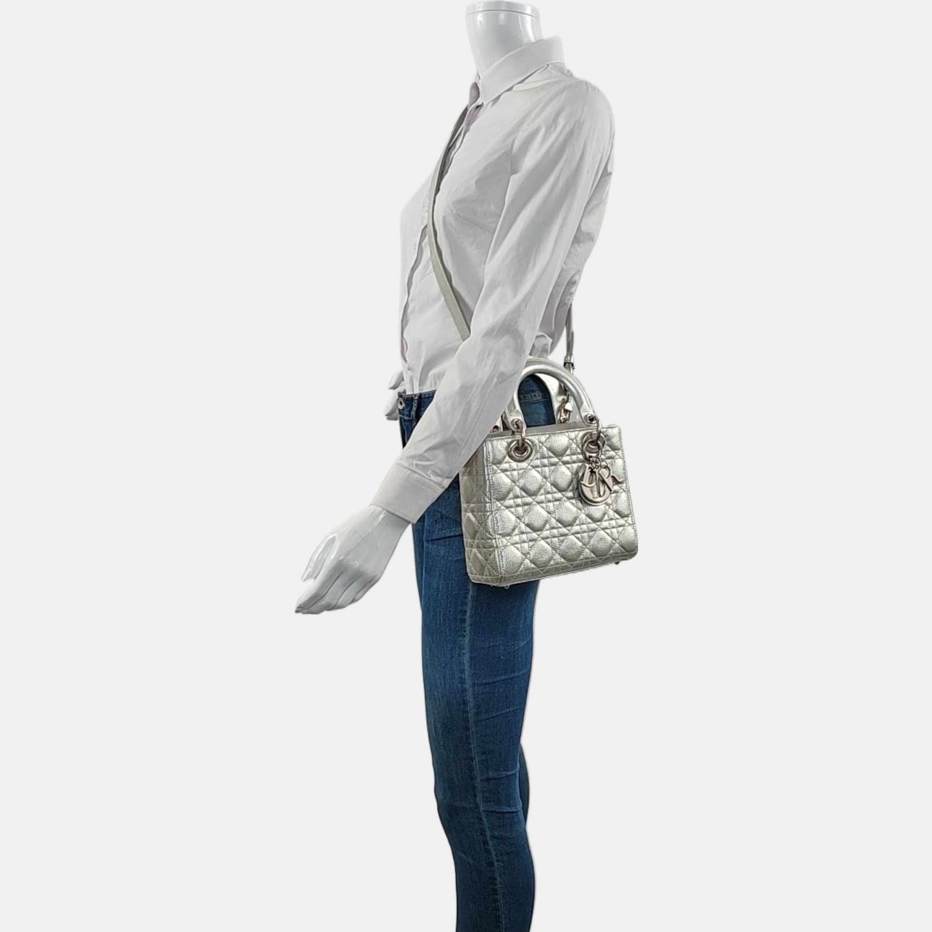 Authenticated pre-owned  Lady Dior Small Cannage Calfskin Silver - Tote Bag at Looply