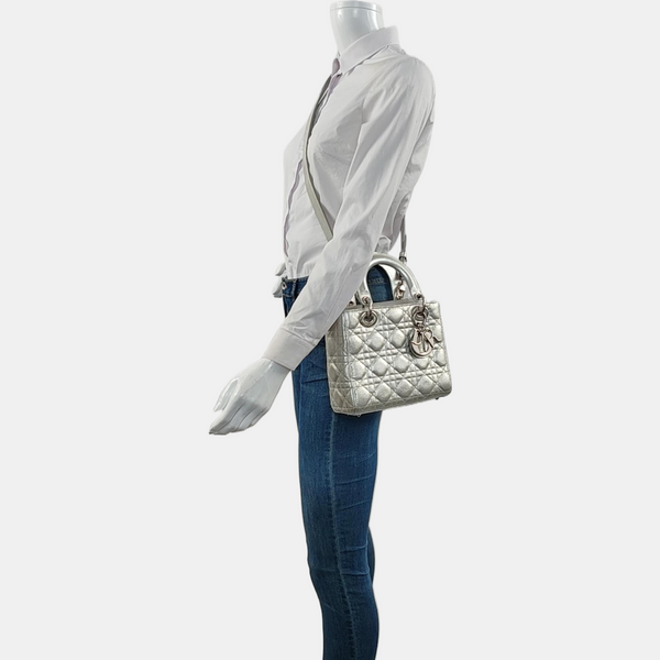 Authenticated pre-owned  Lady Dior Small Cannage Calfskin Silver - Tote Bag at Looply