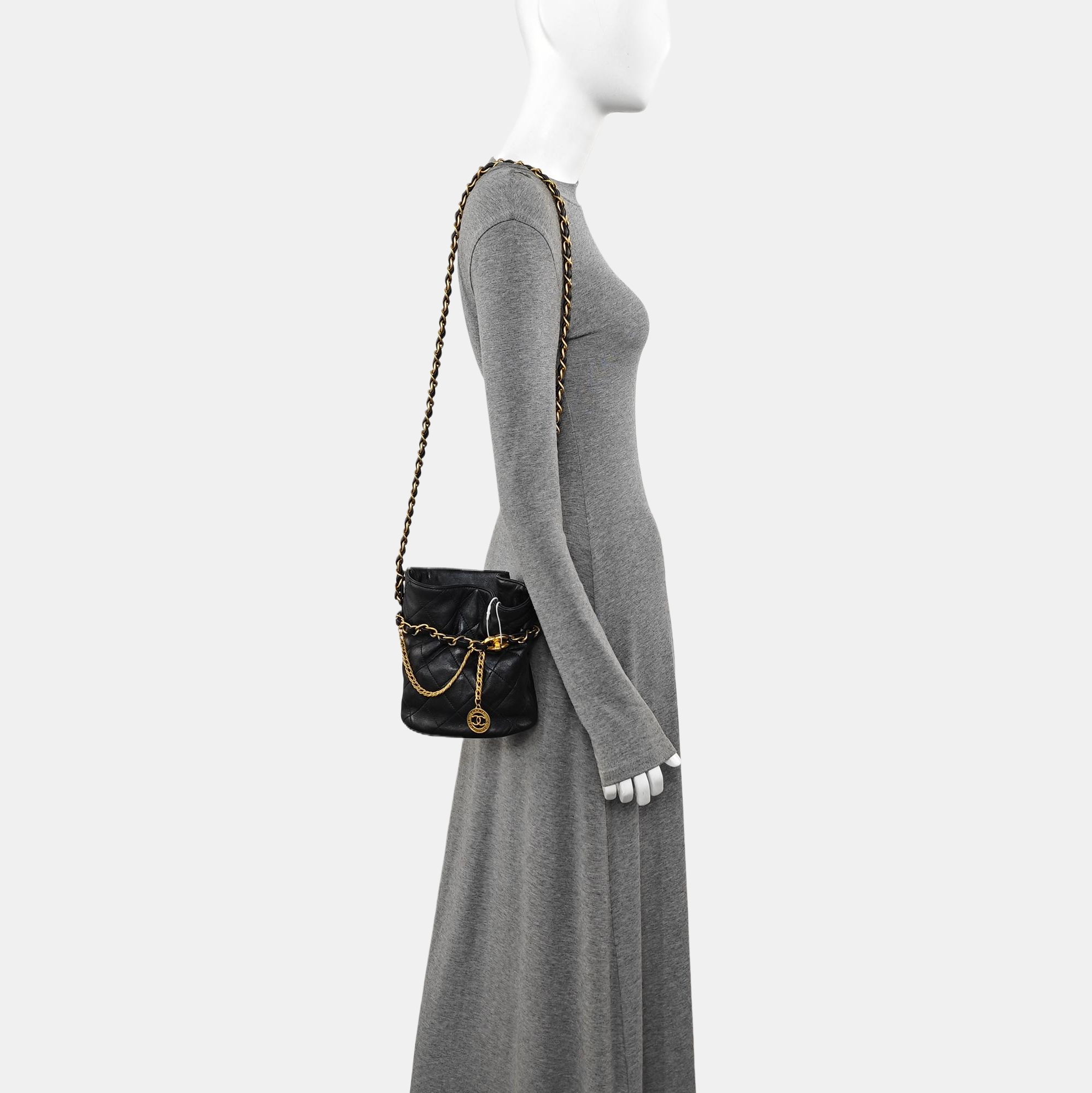 Quilted Lambskin Bucket Bag Small Black