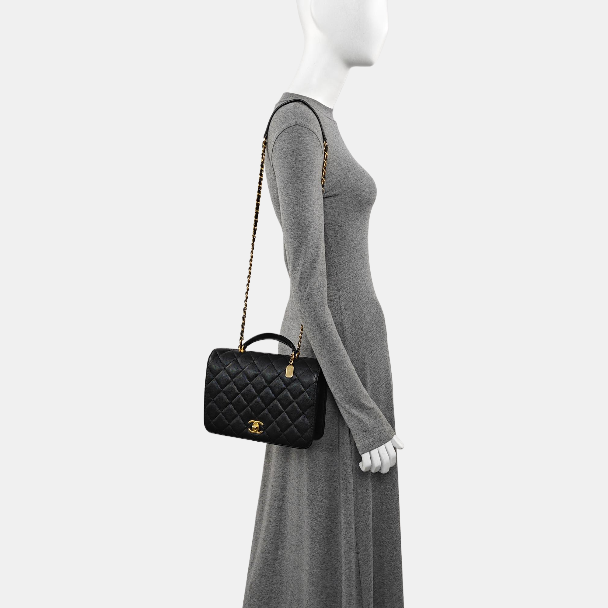 Quilted Grained Calfskin Shoulder Bag Black