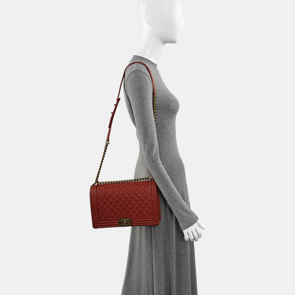 BOY CHANEL Large Quilted Grained Calfskin Red