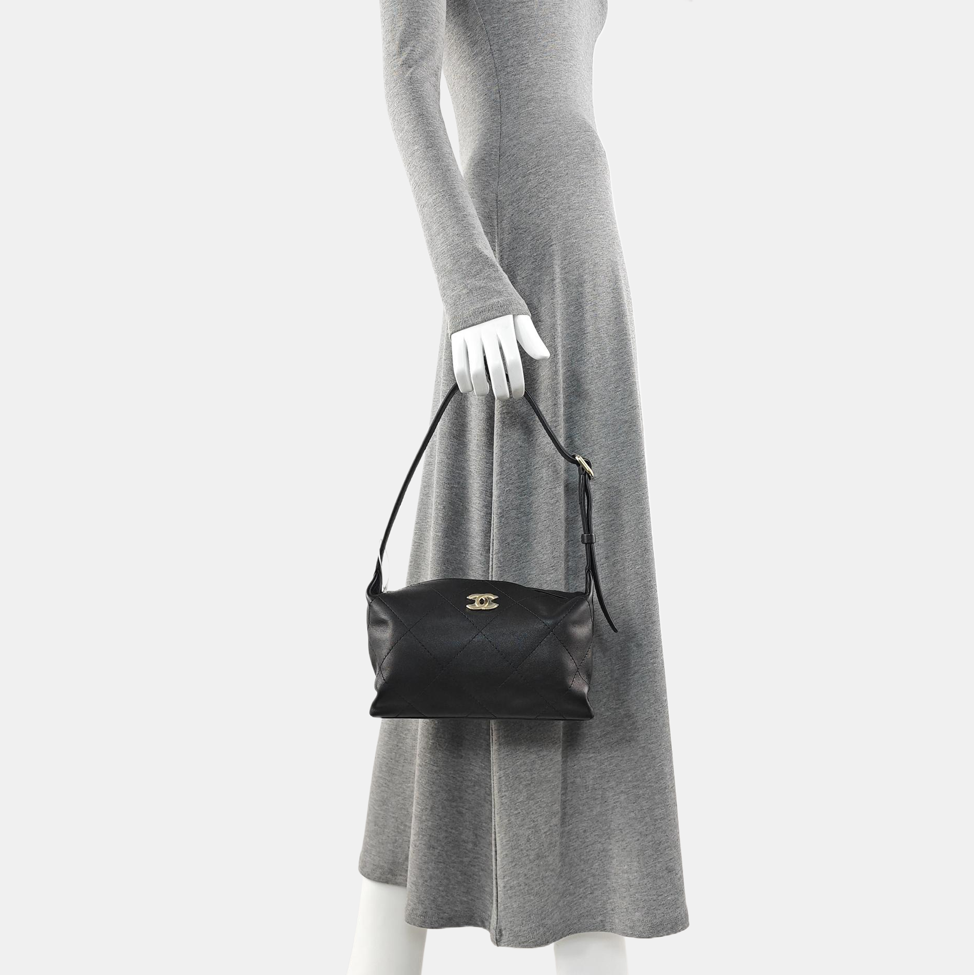 Quilted Lambskin Top Handle Bag Black
