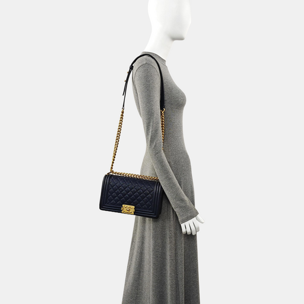 BOY CHANEL Medium Quilted Grained Calfskin Blue