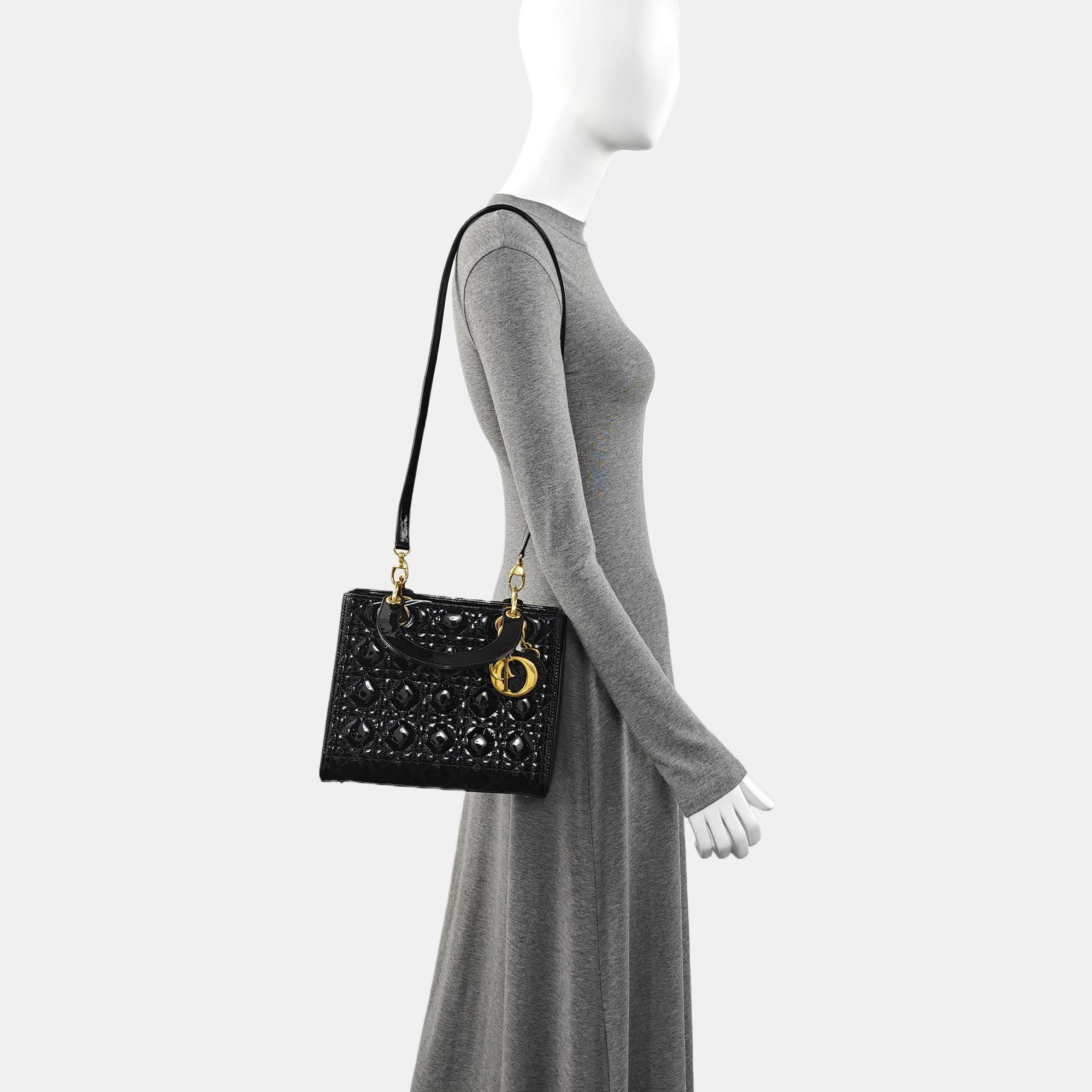 Authenticated pre-owned  Lady Dior Medium Quilted Patent Leather Black - Tote Bag at Looply