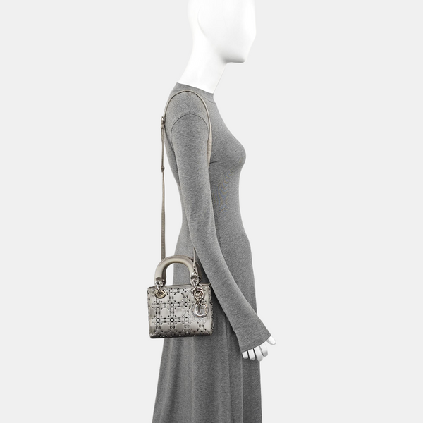Lady Dior Mini Cannage Silk Satin Gray