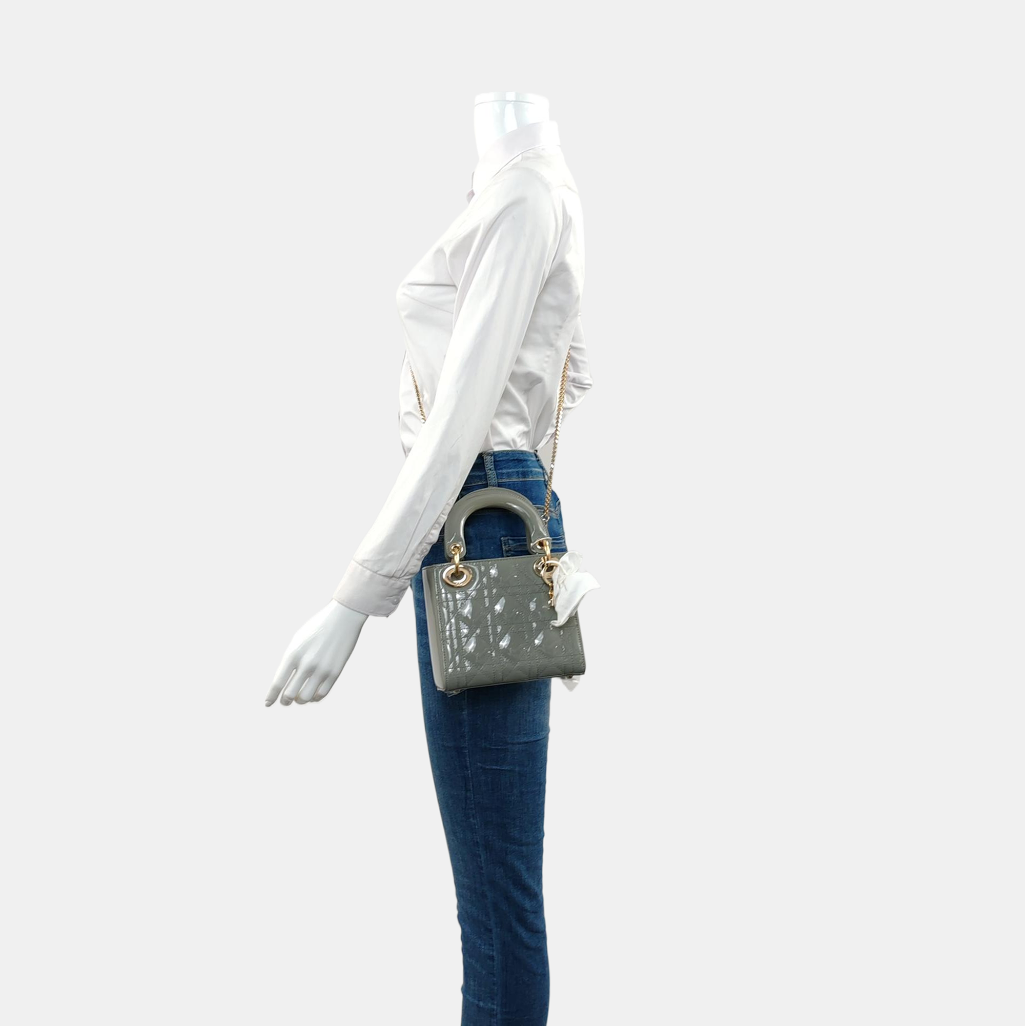 Authenticated pre-owned  Lady Dior Mini Quilted Patent Leather Gray - Tote Bag at Looply