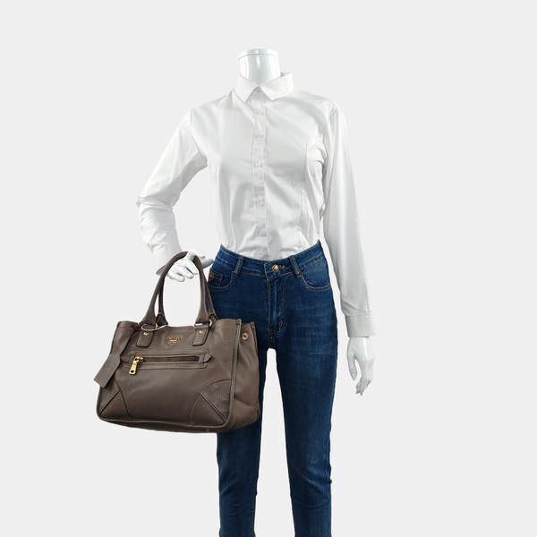Teal Vitello Daino Front Zip Tote Calfskin Gray