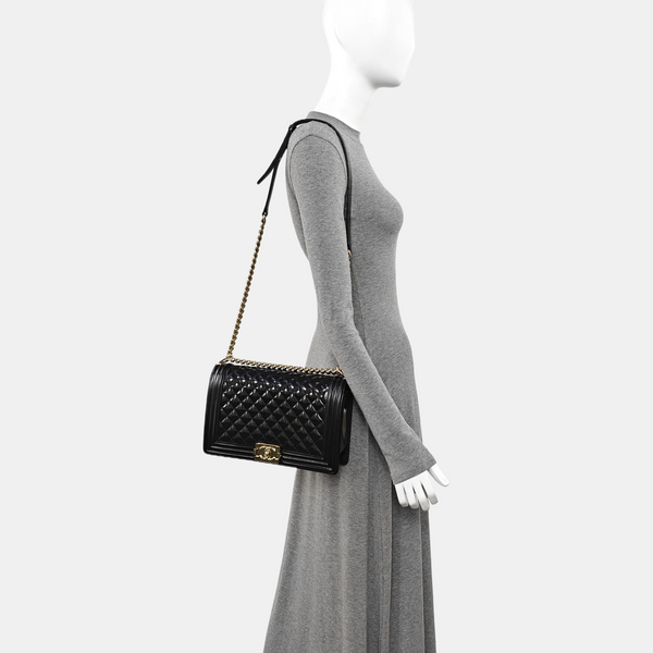 BOY CHANEL Large Quilted Patent Leather Black