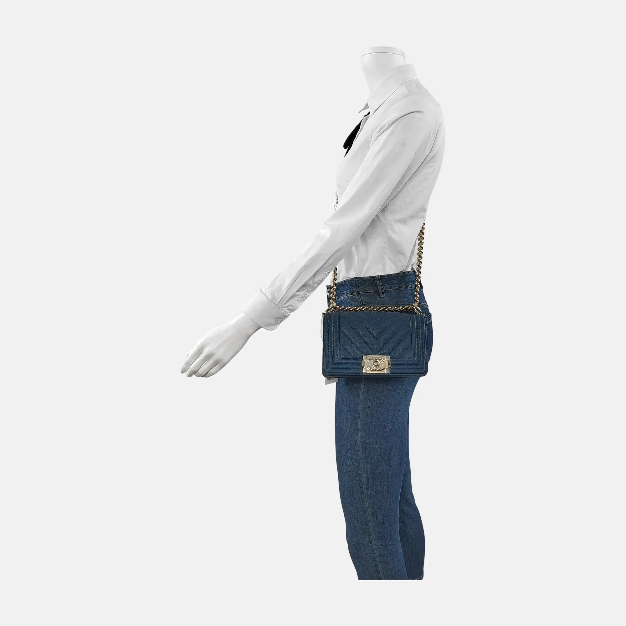 BOY CHANEL Small Chevron, Quilted Grained Calfskin Blue