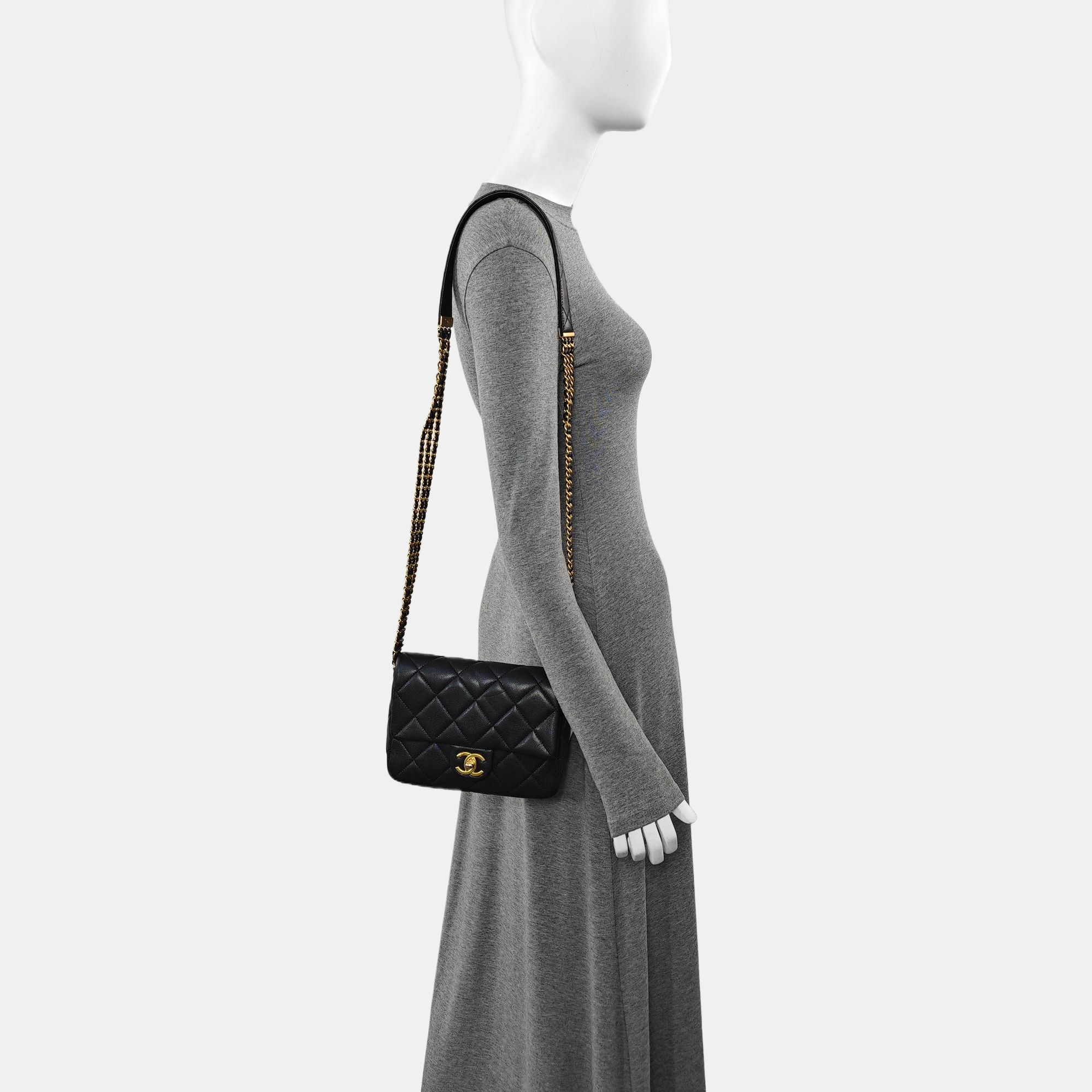Quilted Grained Calfskin Shoulder Bag Small Black