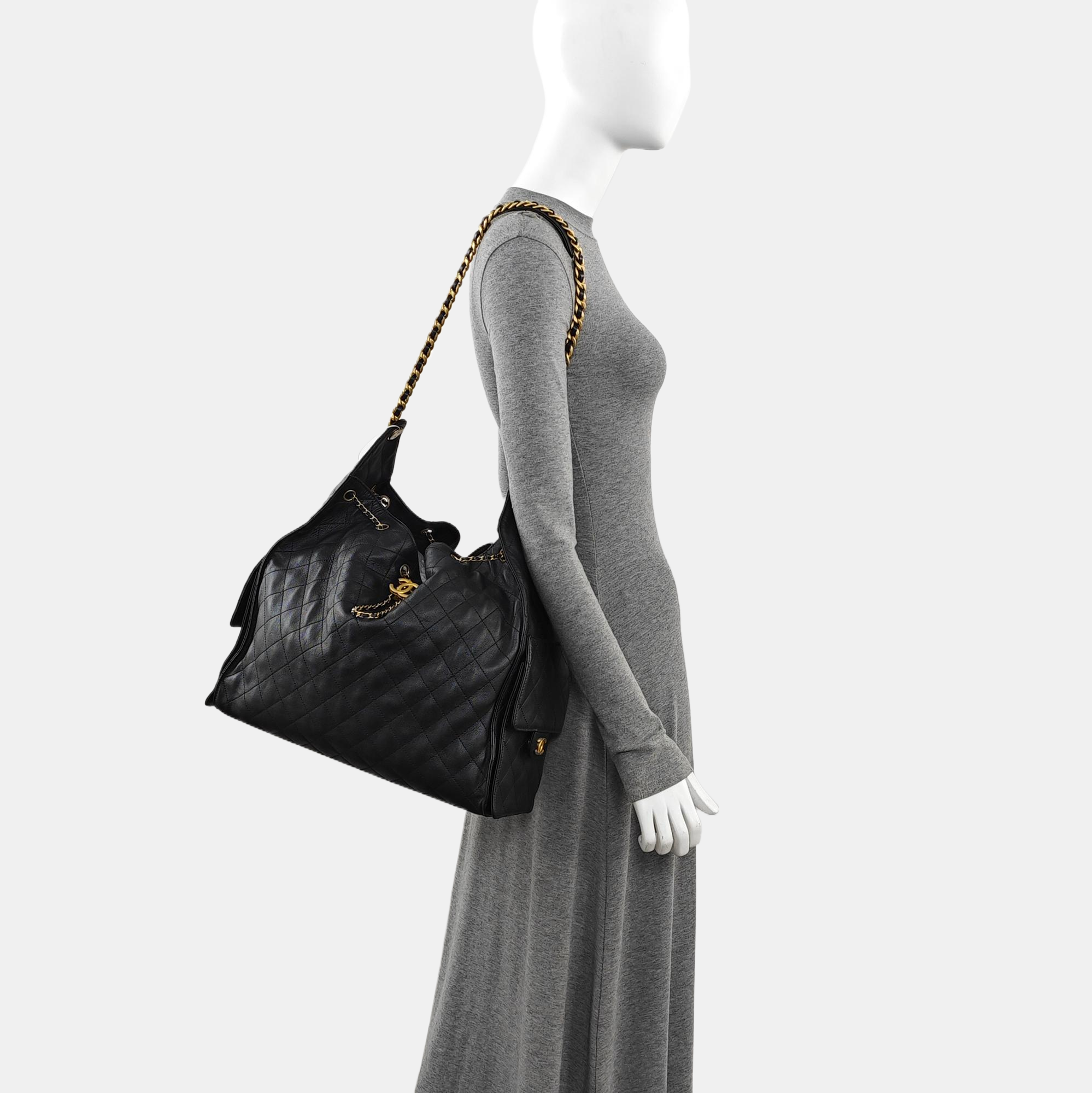 CHANEL 25 Large Quilted Grained Calfskin Black