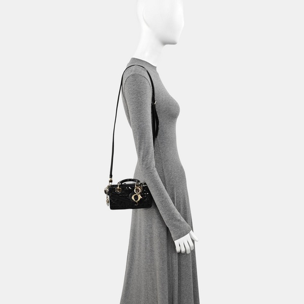 Lady Dior Super Mini Cannage Patent Leather Black