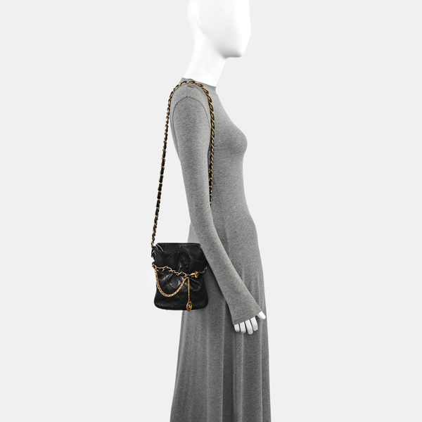Quilted Lambskin Bucket Bag Small Black