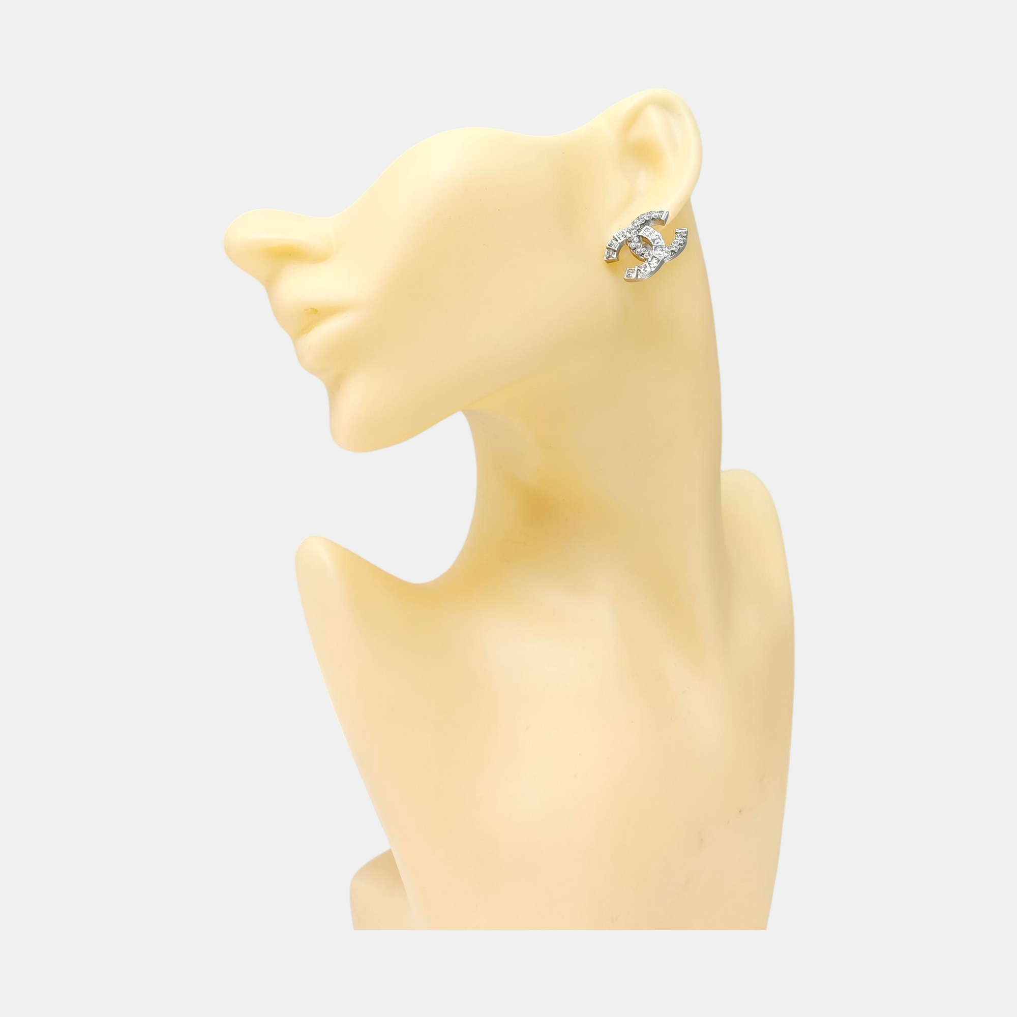 CC Logo Metal Silver Stud Earrings