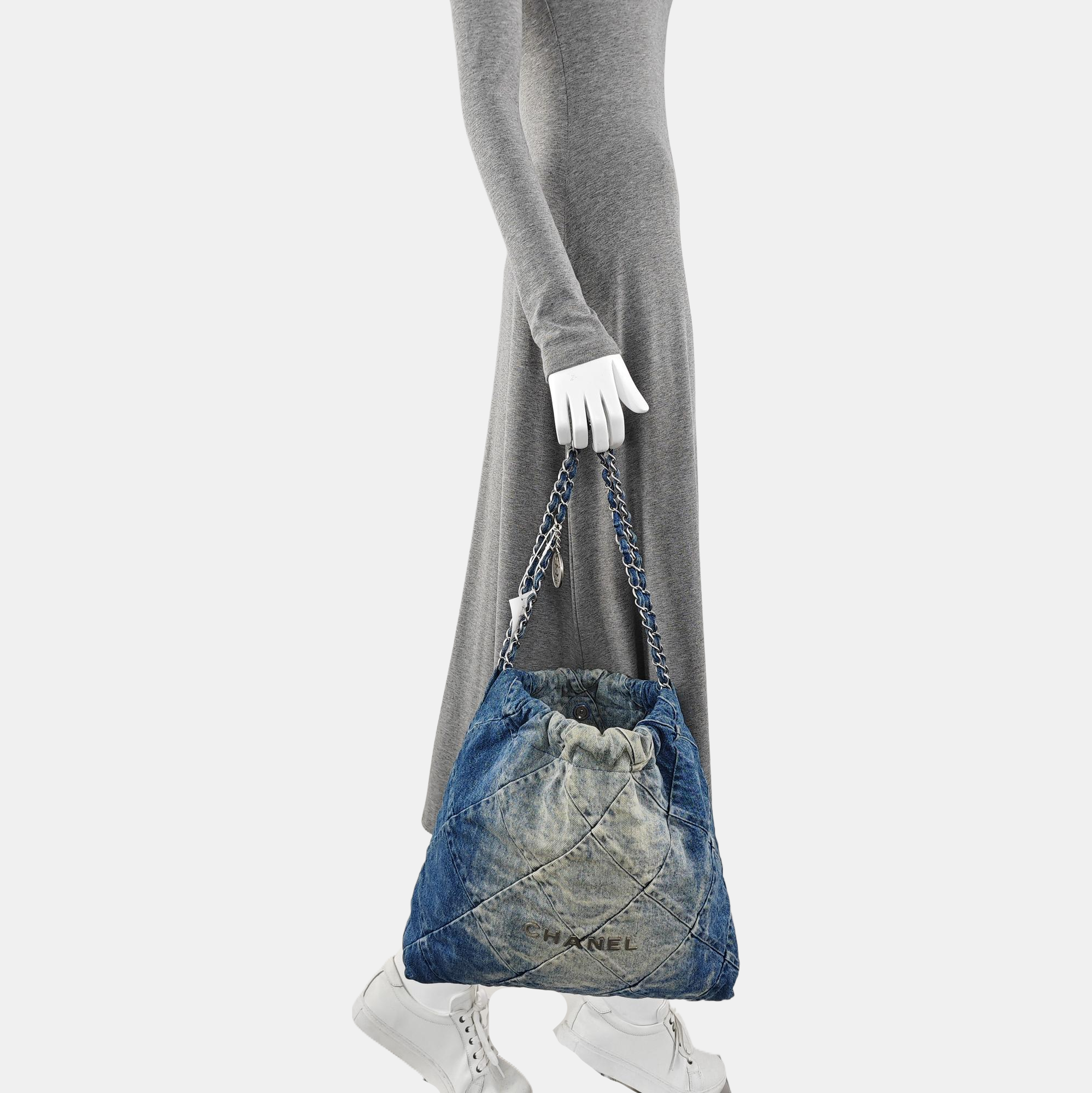CHANEL 22 Small Quilted Denim Blue