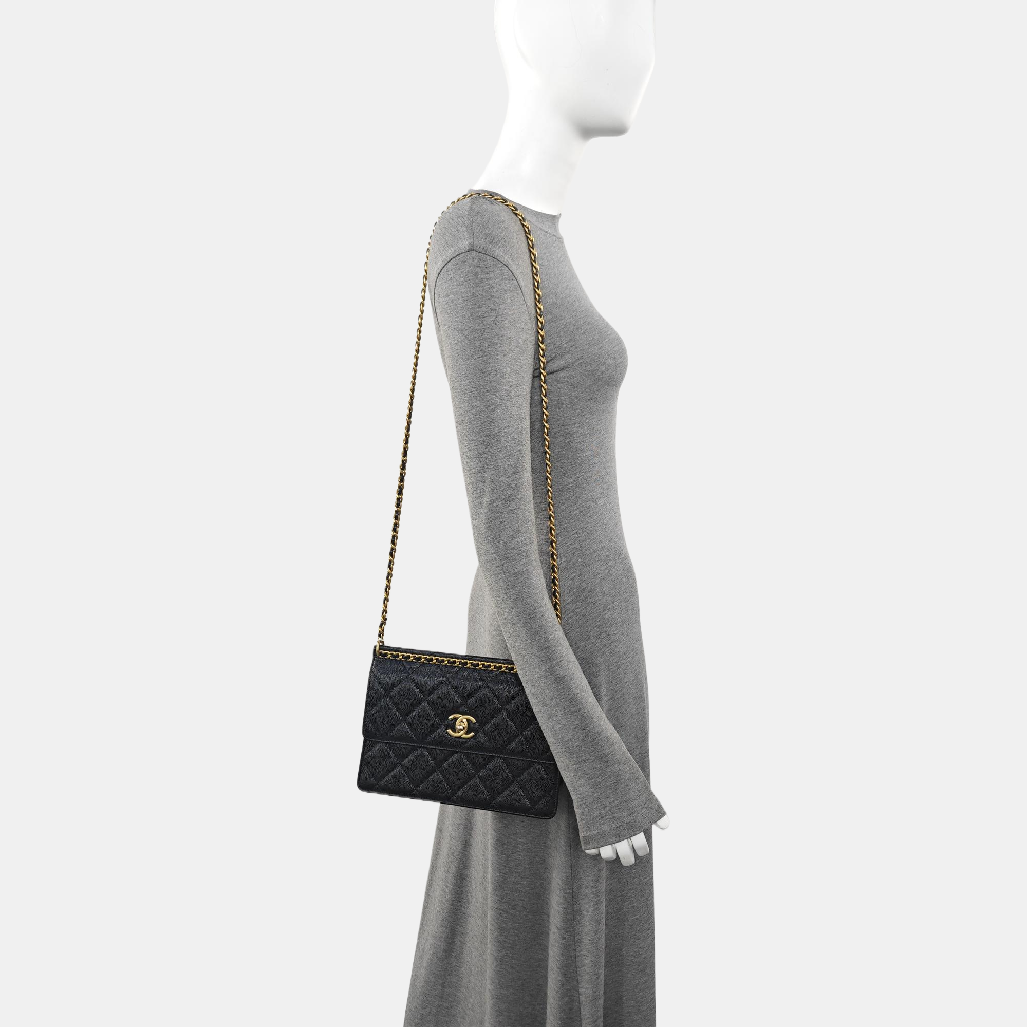 Quilted Grained Calfskin Shoulder Bag Black