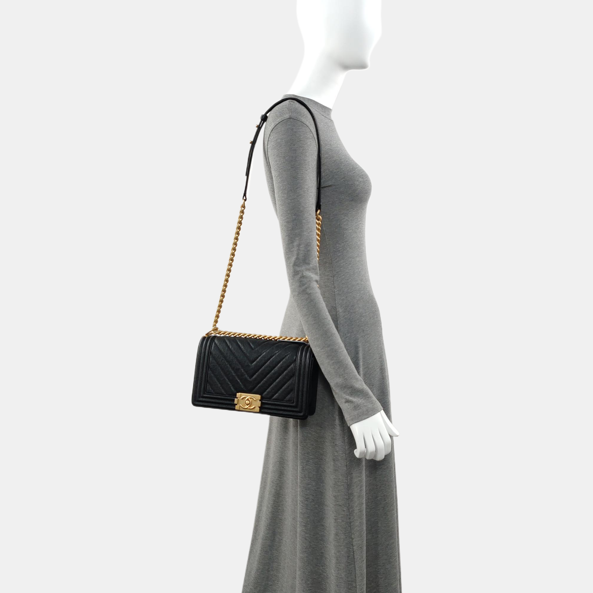 Authenticated pre-owned  BOY CHANEL Medium Chevron, Quilted Grained Calfskin Black - Shoulder Bag at Looply