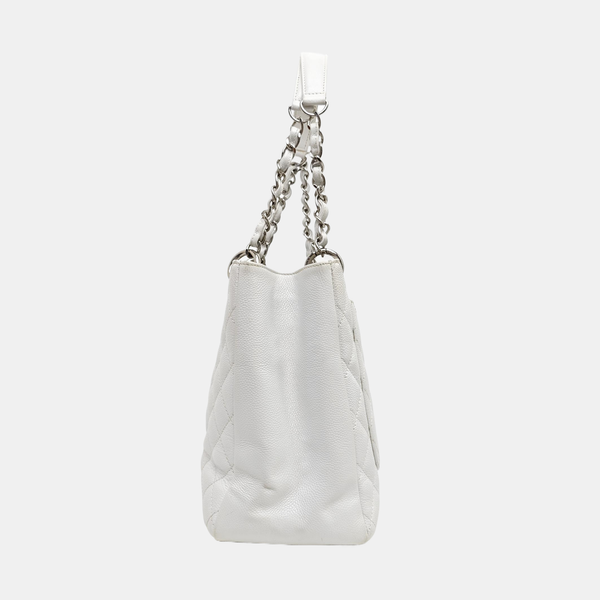 CHANEL GST Large Quilted Grained Calfskin White