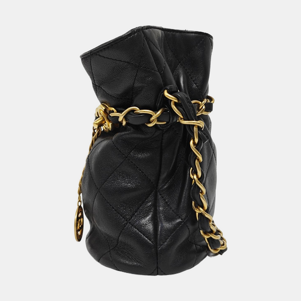 Quilted Lambskin Bucket Bag Small Black