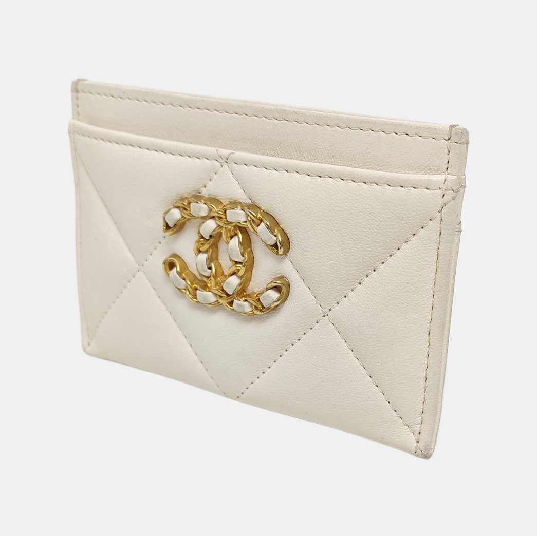 Authenticated pre-owned  CHANEL 19 Quilted Lambskin White Card Holder - Card Holder at Looply