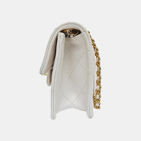 Quilted Grained Calfskin Shoulder Bag White