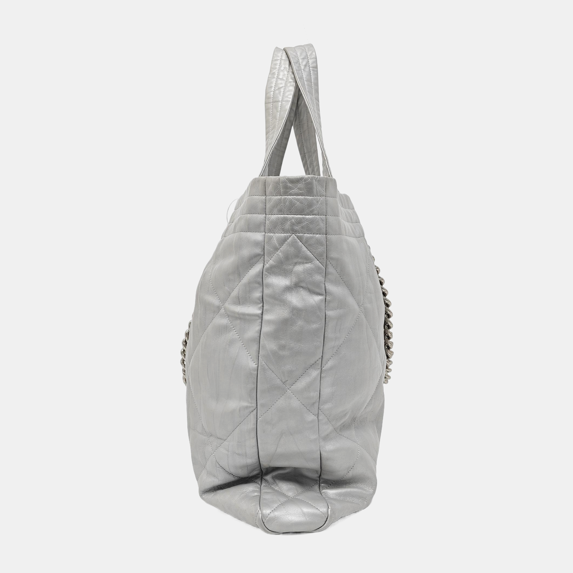 Quilted Calfskin Tote Bag Silver