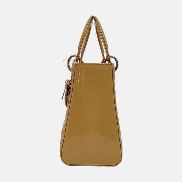 Authenticated pre-owned  Lady Dior Medium Quilted Patent Leather Beige - Top Handle Bag at Looply