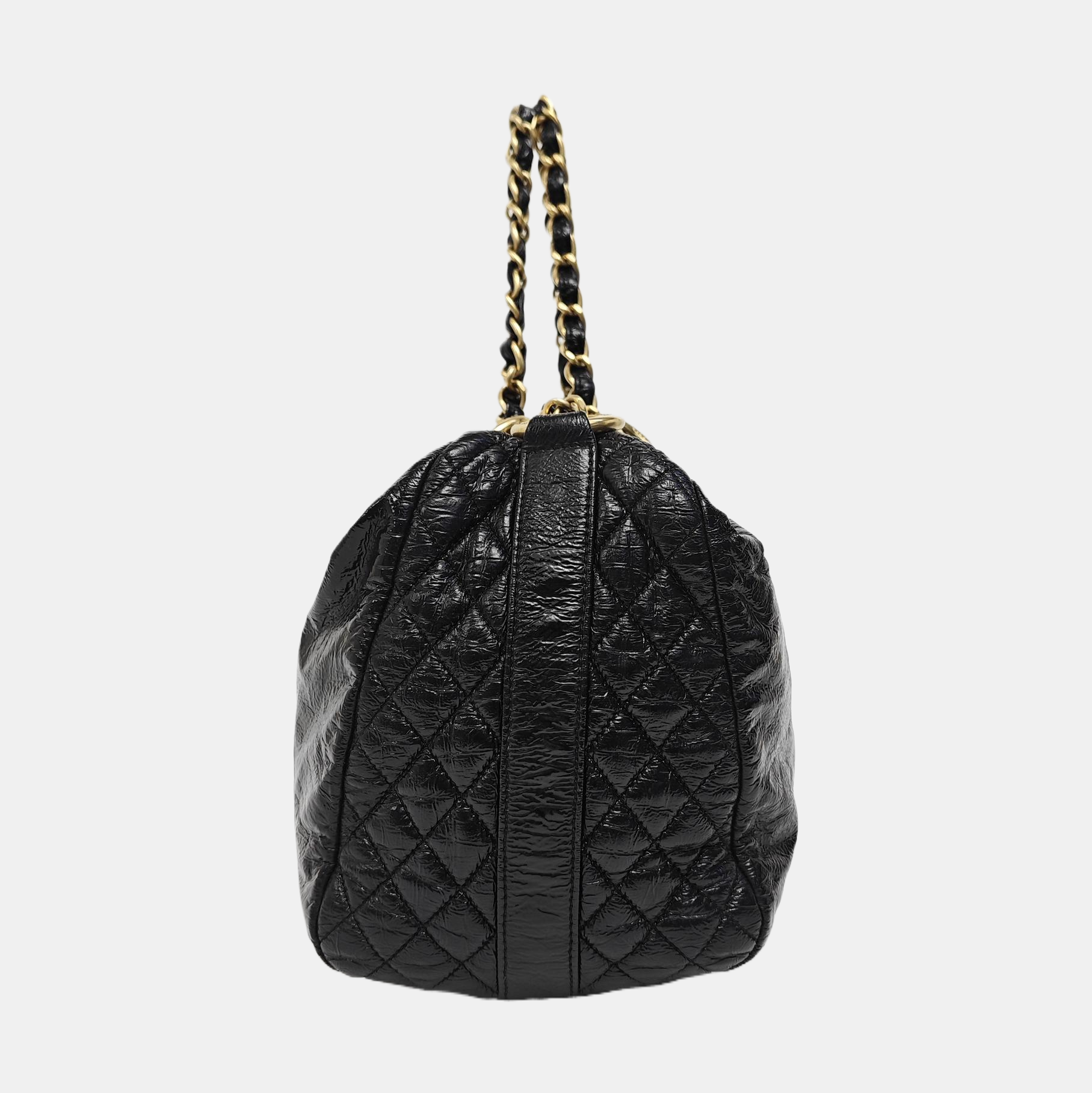 Quilted Patent Leather Top Handle Bag Black