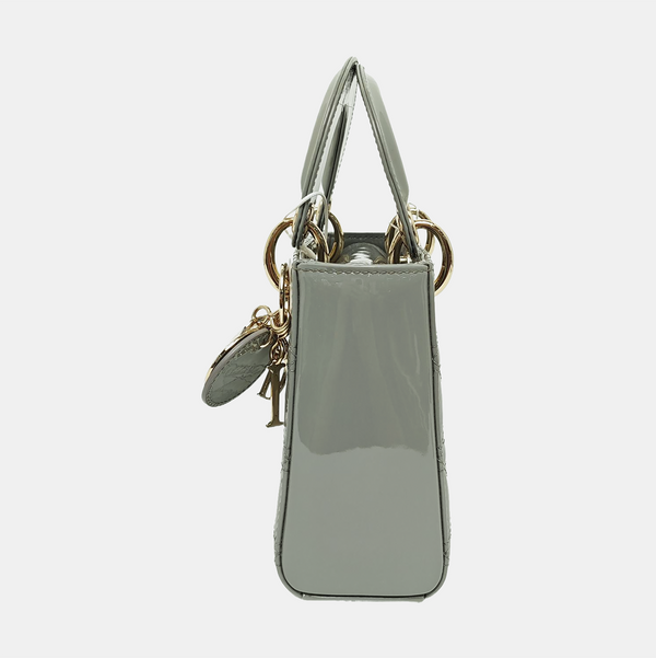 Authenticated pre-owned  Lady Dior Mini Quilted Patent Leather Grey - Tote Bag at Looply