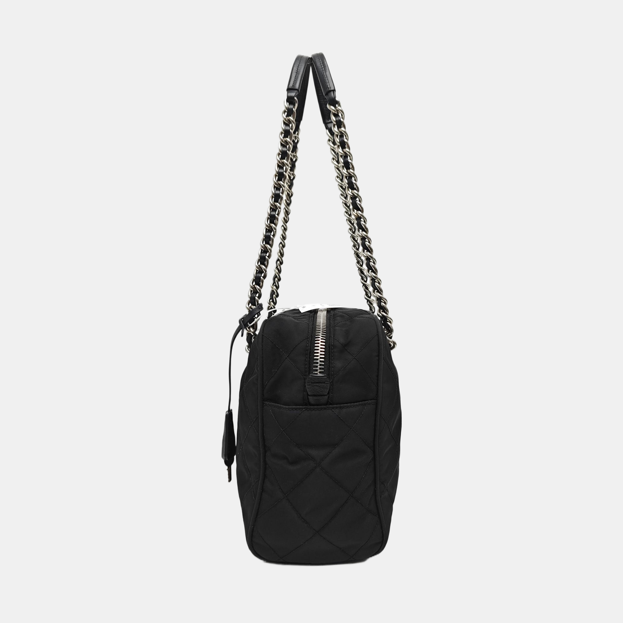 Quilted Nylon Top Handle Bag Black
