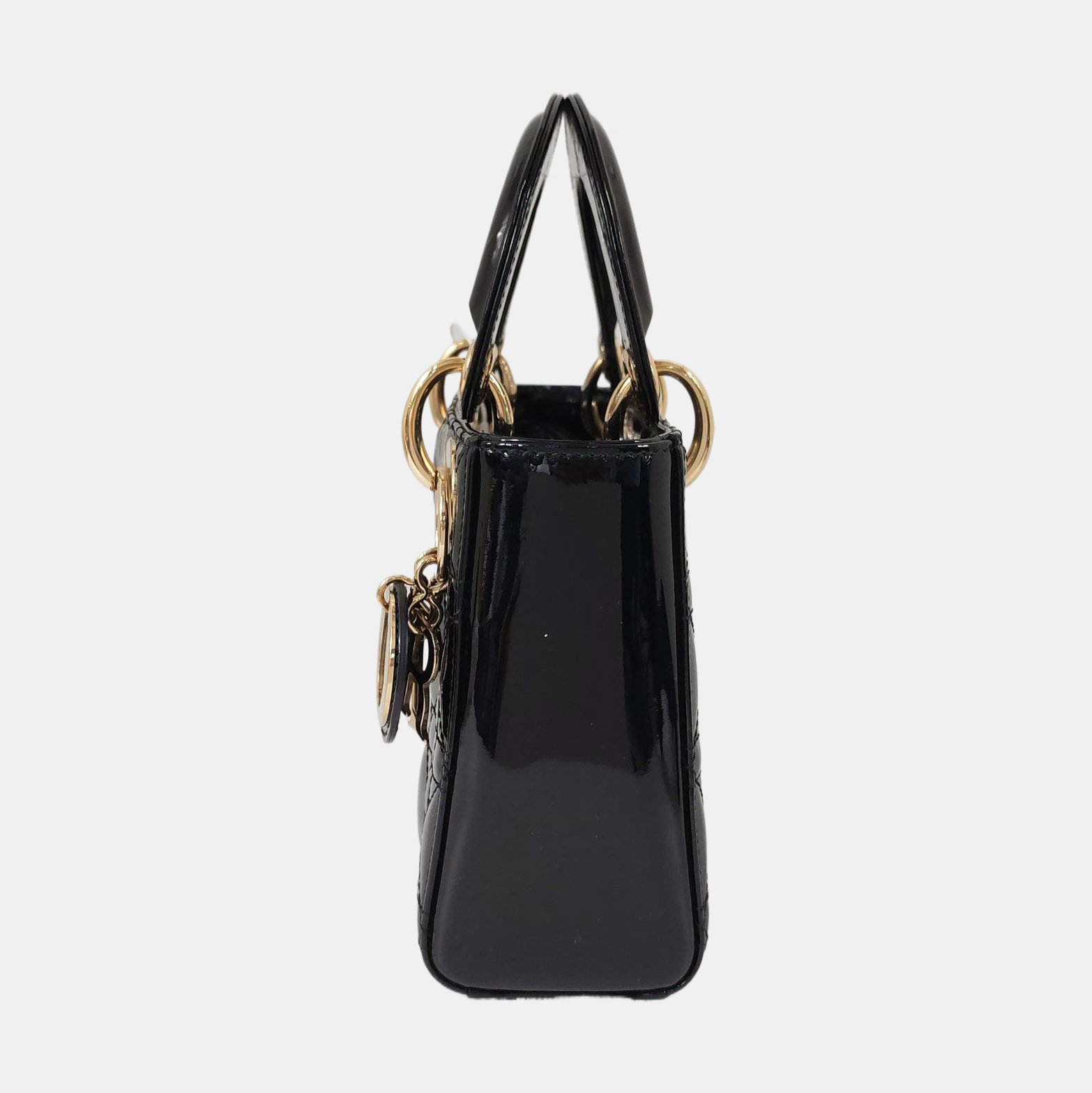 Authenticated pre-owned  Lady Dior Mini Quilted Patent Leather Black - Tote Bag at Looply