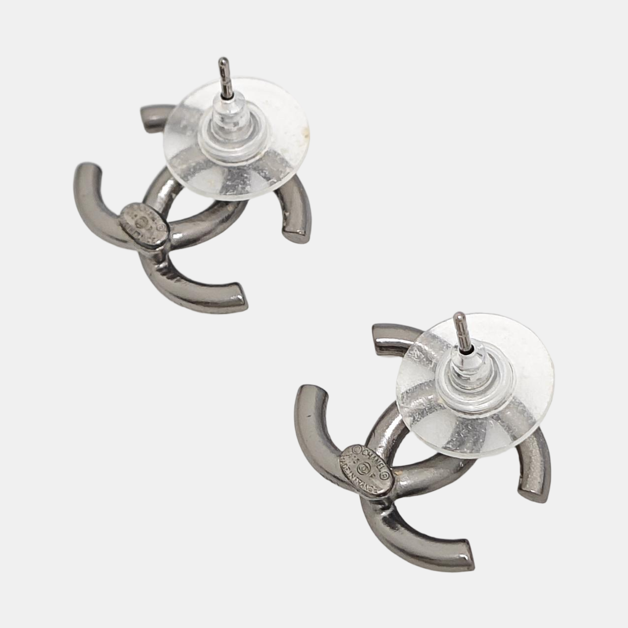 CC Logo Metal Gray Stud Earrings