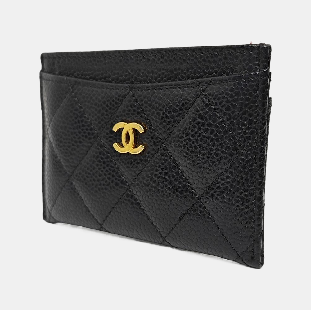 Quilted Grained Calfskin Card Holder Black