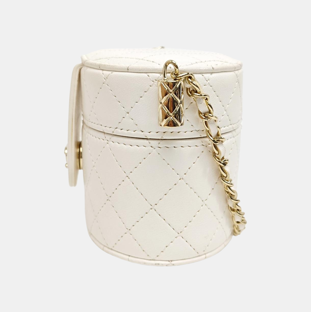 Round Vanity Medium Quilted Lambskin White