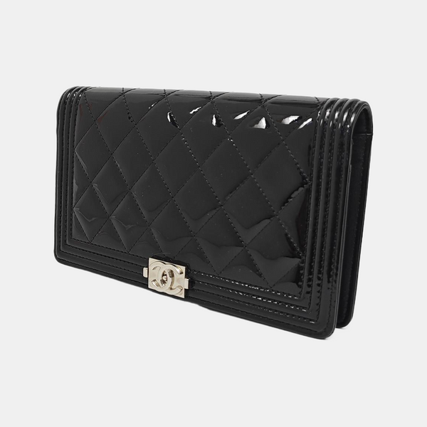 BOY CHANEL Mini Quilted Patent Leather Black Wallet