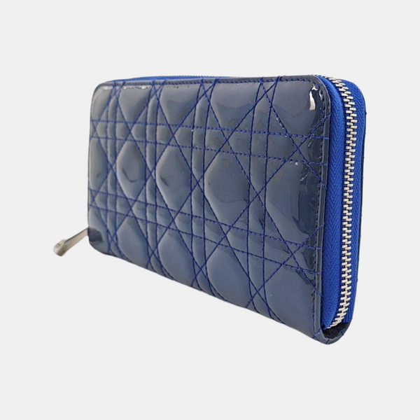 Lady Dior Small Cannage Patent Leather Blue Wallet