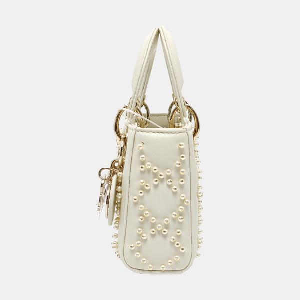 Authenticated pre-owned  Lady Dior Super Mini Quilted Lambskin White - Tote Bag at Looply