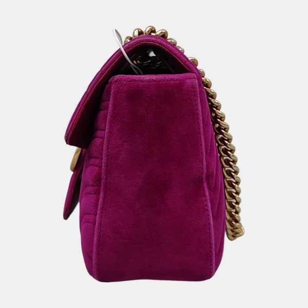 Authenticated pre-owned  GG Marmont Medium Quilted Velvet Burgundy - Shoulder Bag at Looply