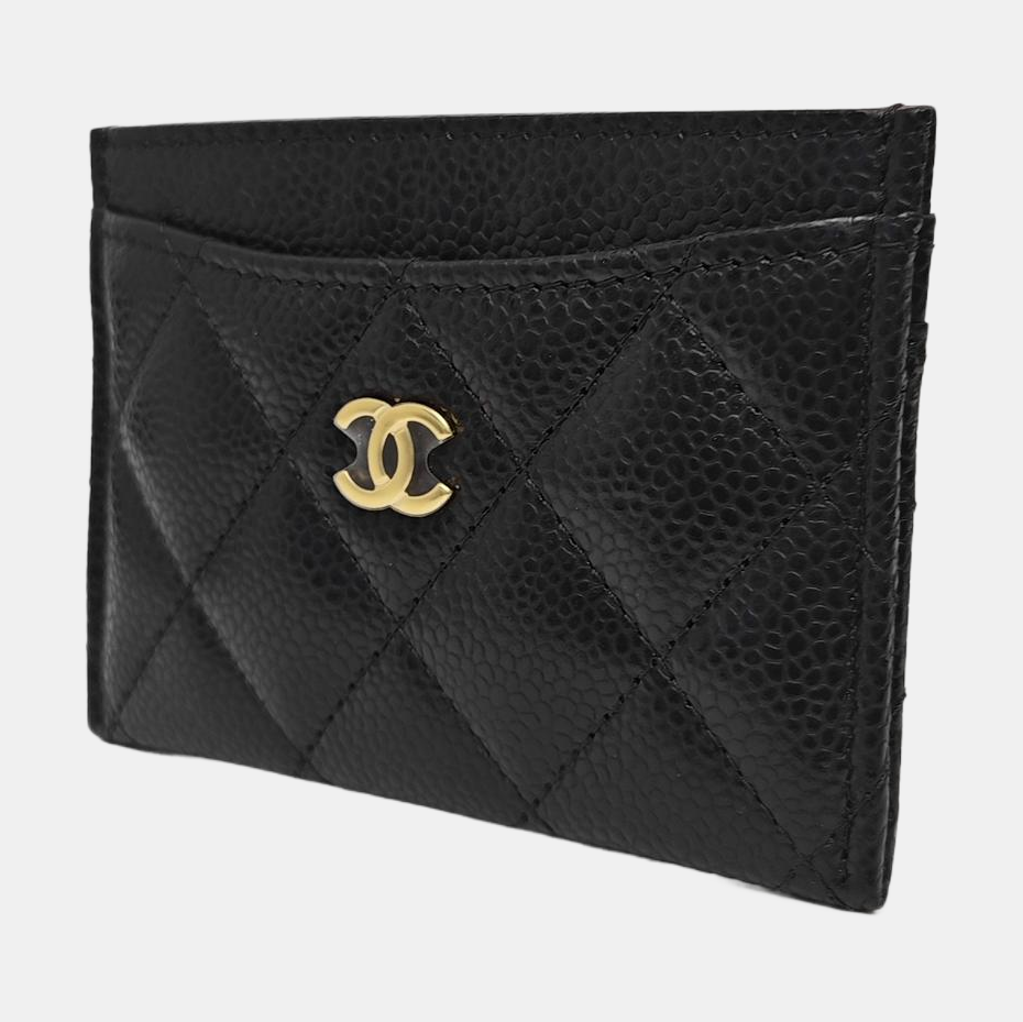 Quilted Grained Calfskin Card Holder Black