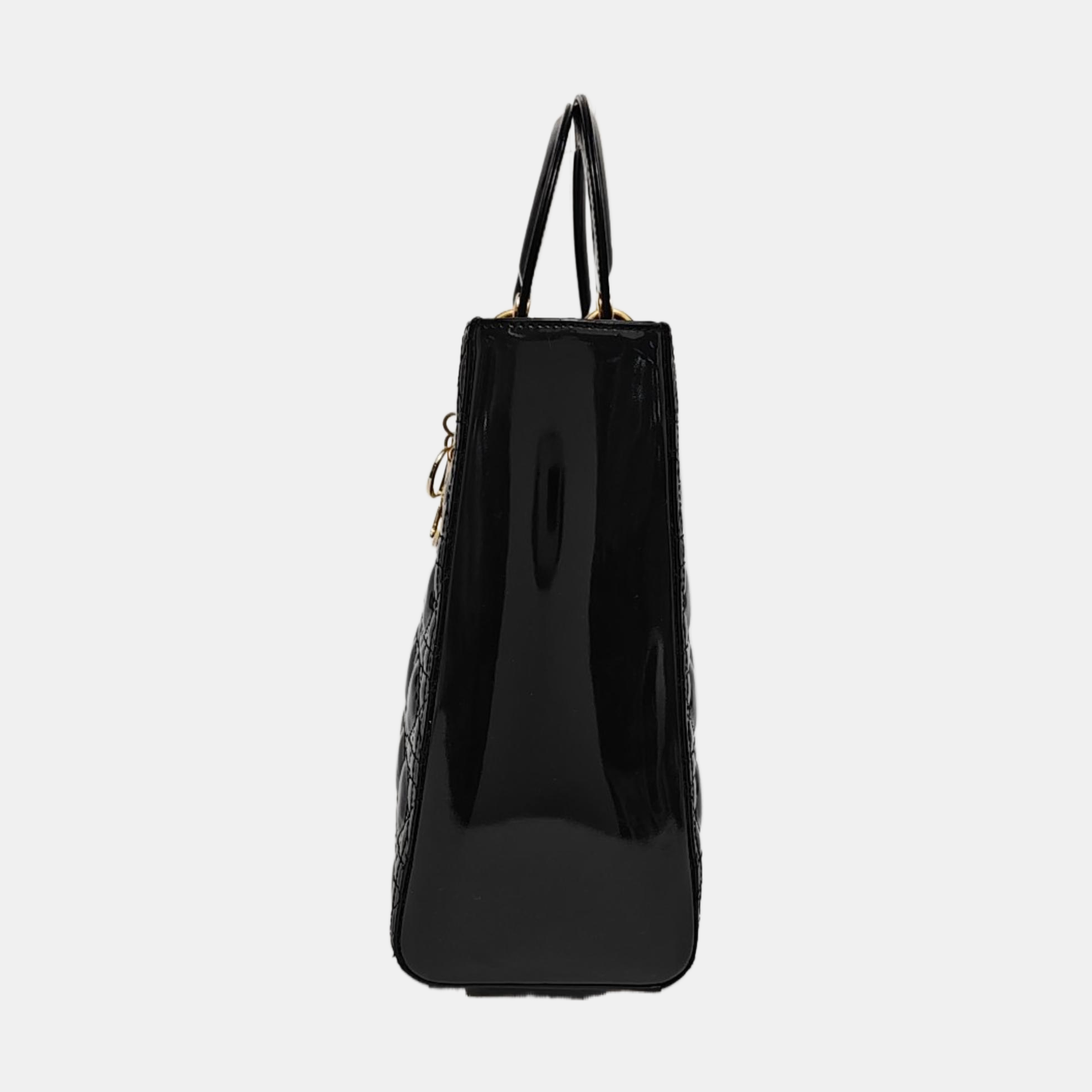 Authenticated pre-owned  Lady Dior Large Quilted Patent Leather Black - Tote Bag at Looply