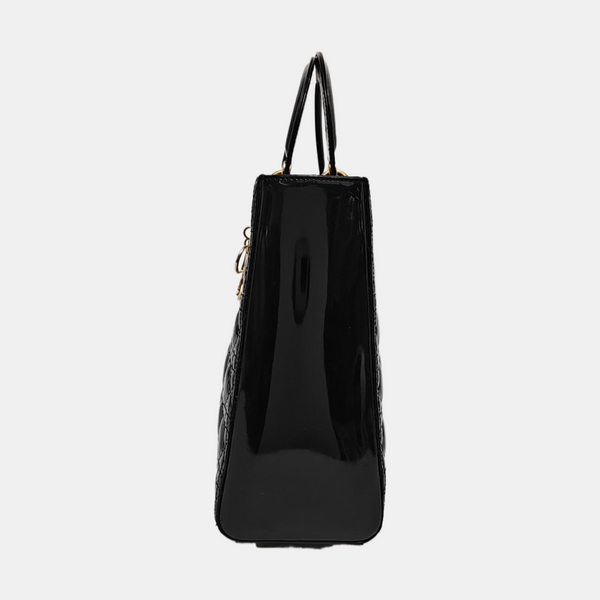 Authenticated pre-owned  Lady Dior Large Quilted Patent Leather Black - Tote Bag at Looply