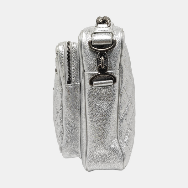 Quilted Grained Calfskin Shoulder Bag Silver