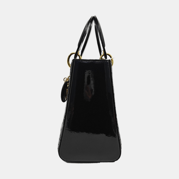 Authenticated pre-owned  Lady Dior Medium Quilted Patent Leather Black - Tote Bag at Looply