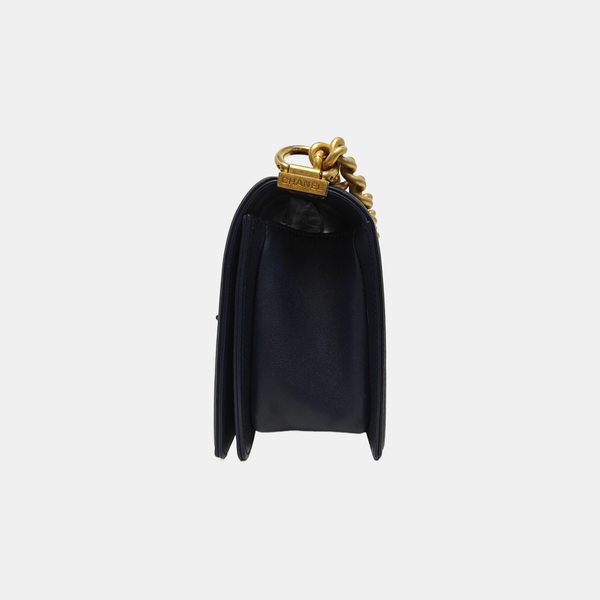 BOY CHANEL Medium Quilted Grained Calfskin Blue
