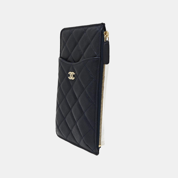 Quilted Grained Calfskin Card Holder Blue